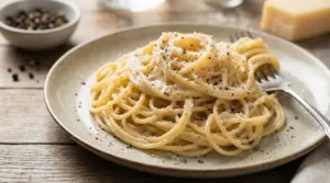 Piatto di spaghetti cacio e pepe con formaggio grattugiato e pepe nero
