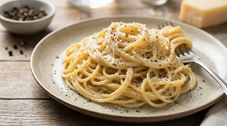Piatto di spaghetti cacio e pepe con formaggio grattugiato e pepe nero