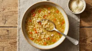 Un piatto di pastina in brodo con verdure a dadini e carne servito con un cucchiaio