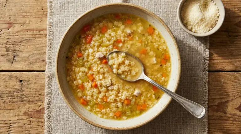 Un piatto di pastina in brodo con verdure a dadini e carne servito con un cucchiaio