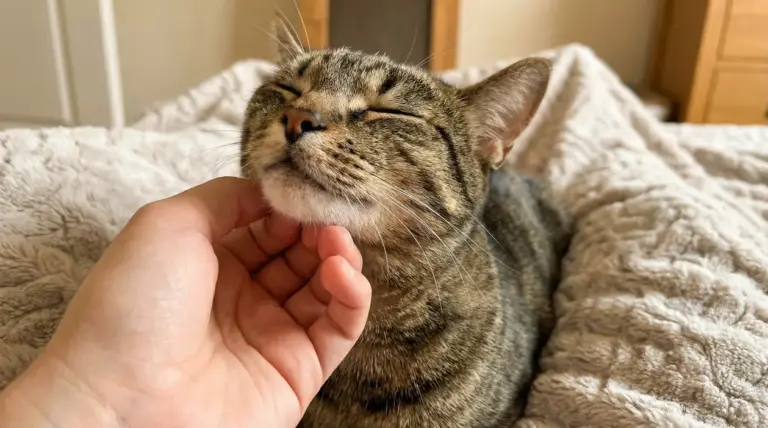 Gatto tigrato che fa le fusa mentre viene accarezzato sotto il mento