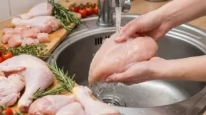 Una persona sciacqua del petto di pollo crudo sotto l'acqua corrente in cucina