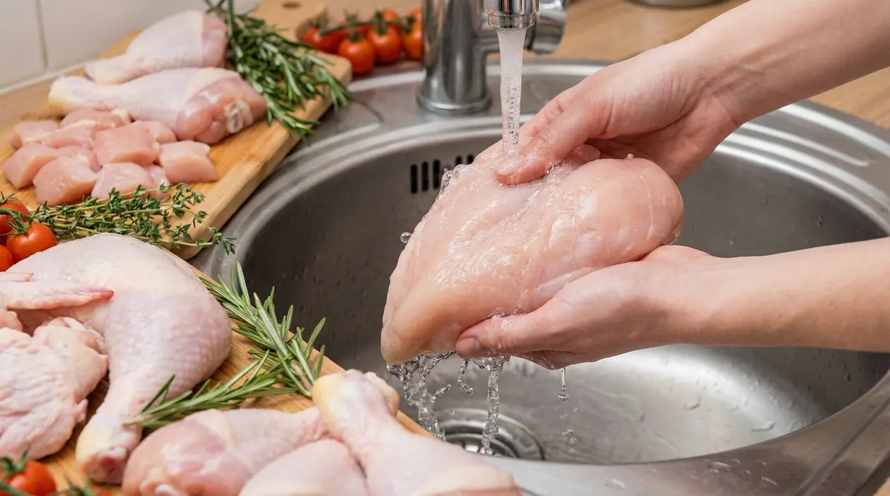 Una persona sciacqua del petto di pollo crudo sotto l'acqua corrente in cucina