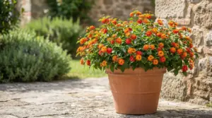 Vaso con pianta fiorita dai fiori arancioni e gialli in un giardino soleggiato