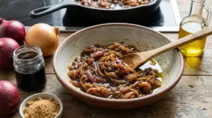 Ciotola con cipolle caramellate e cucchiaio di legno su tavolo rustico con ingredienti