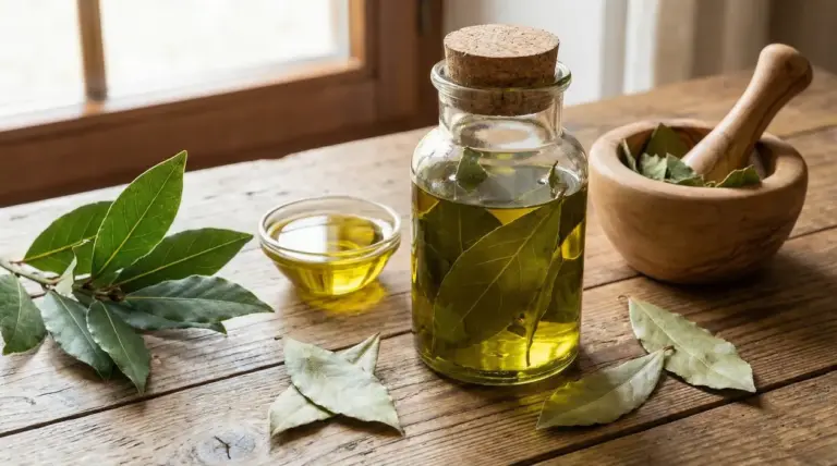 Barattolo di vetro con oleolito di alloro su tavolo di legno accanto a foglie fresche e mortaio