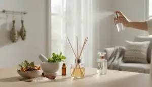 Profumatori naturali e spray su un tavolo in un ambiente domestico luminoso