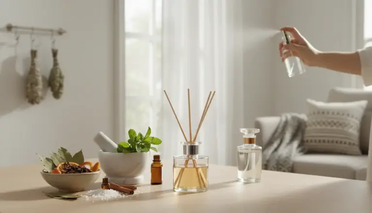 Profumatori naturali e spray su un tavolo in un ambiente domestico luminoso