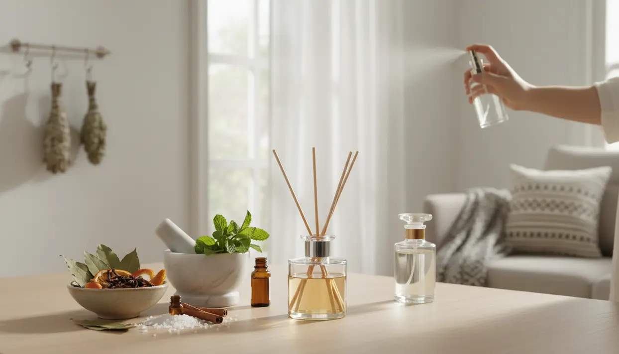 Profumatori naturali e spray su un tavolo in un ambiente domestico luminoso