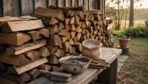 Legna accatastata all'esterno con ciotola di miscela naturale su una panca di legno