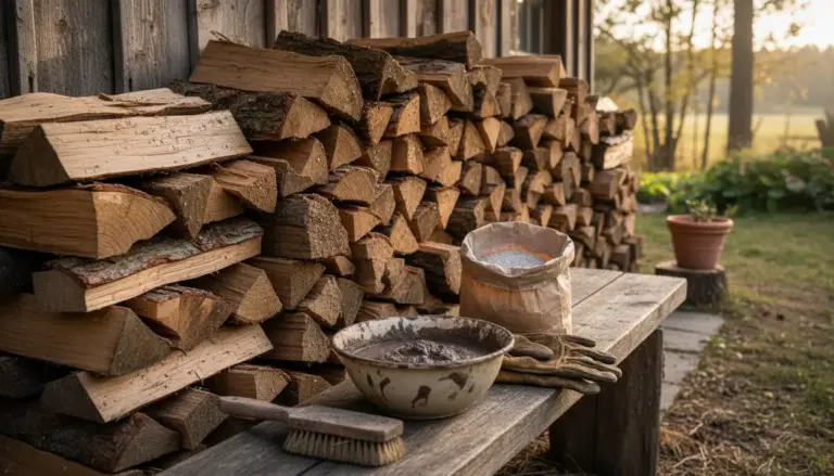 Legna accatastata all'esterno con ciotola di miscela naturale su una panca di legno