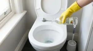 Una mano con guanto giallo versa aceto bianco nel water per la pulizia