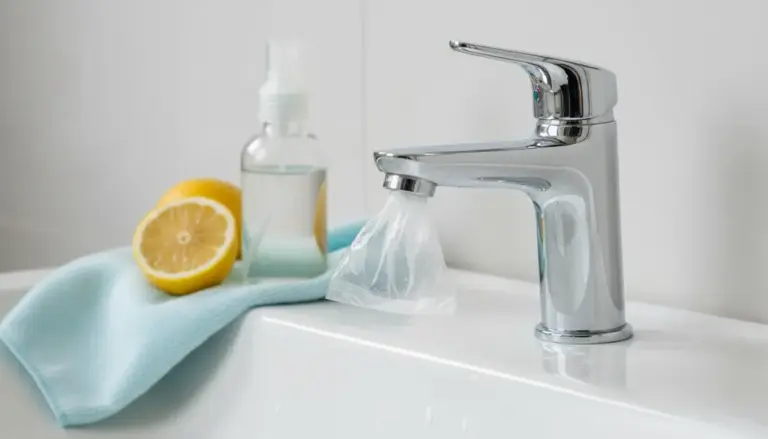 Rubinetto con sacchetto trasparente applicato per rimuovere il calcare, accanto a limone e spray.