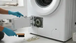 Una persona pulisce il filtro di una lavatrice con guanti e spazzola