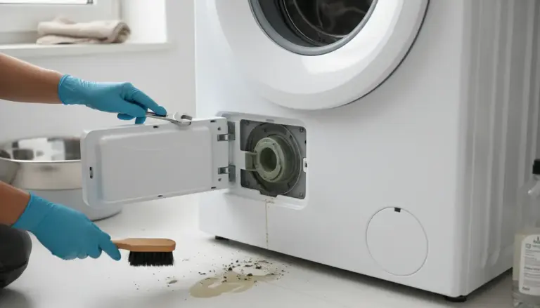 Una persona pulisce il filtro di una lavatrice con guanti e spazzola