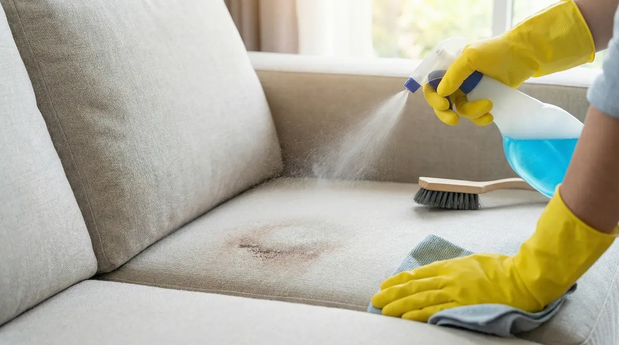 Mani con guanti gialli spruzzano detergente su una macchia su un divano chiaro