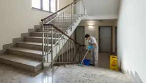 Persona che lava le scale di un condominio con secchio e cartello di pavimento bagnato.