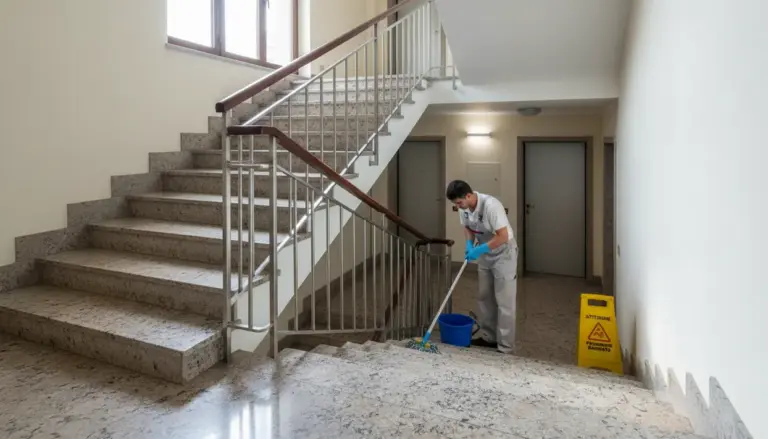 Persona che lava le scale di un condominio con secchio e cartello di pavimento bagnato.