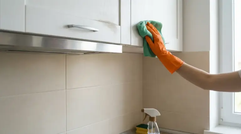 Mano con guanto arancione che pulisce sopra i pensili della cucina con un panno verde