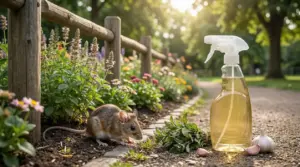 Topo in un giardino vicino a un repellente naturale con erbe e aglio