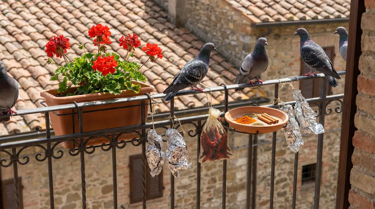 Piccioni su un balcone con piante e rimedi naturali come spezie e carta stagnola