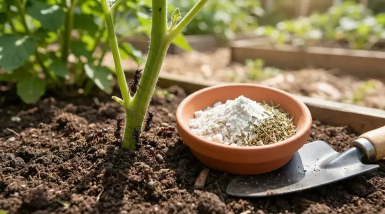 Formiche su una pianta nell'orto accanto a una ciotola con rimedio naturale in polvere