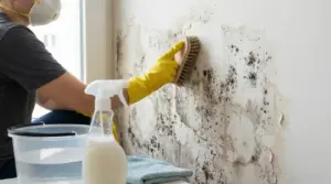 Persona con guanti e mascherina pulisce un muro con muffa usando una spazzola.