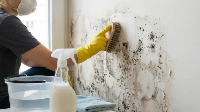 Persona con guanti e mascherina pulisce un muro con muffa usando una spazzola.