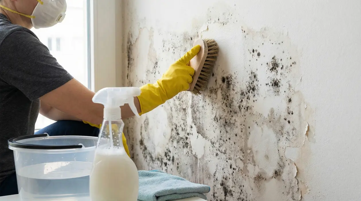 Persona con guanti e mascherina pulisce un muro con muffa usando una spazzola.
