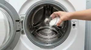 Una mano versa del sale grosso all'interno di una lavatrice aperta