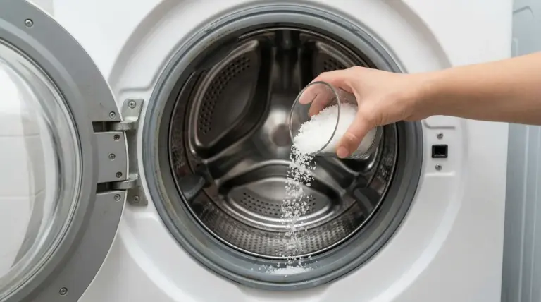 Una mano versa del sale grosso all'interno di una lavatrice aperta