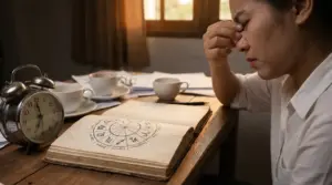 Persona stanca seduta a un tavolo con un libro aperto sui segni zodiacali