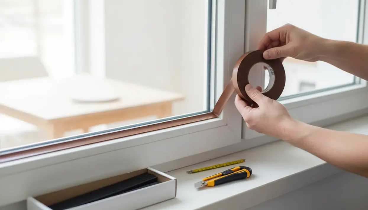 Mani che applicano una guarnizione adesiva su una finestra in PVC per sigillare gli spifferi