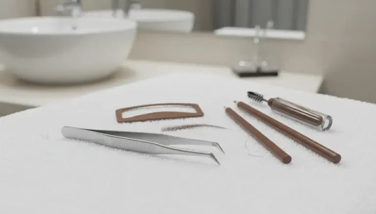 Strumenti per sistemare le sopracciglia su un asciugamano bianco in bagno