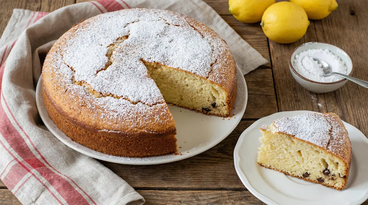 Fetta di torta di ricotta light soffice con zucchero a velo su piatto e torta intera sullo sfondo