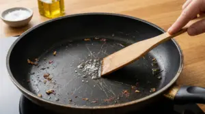 Padella usurata con graffi visibili e residui di cibo, pulita con sale grosso e spatola in legno