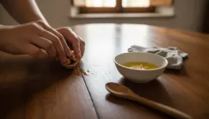 Mani che strofinano una noce su un graffio su un tavolo in legno