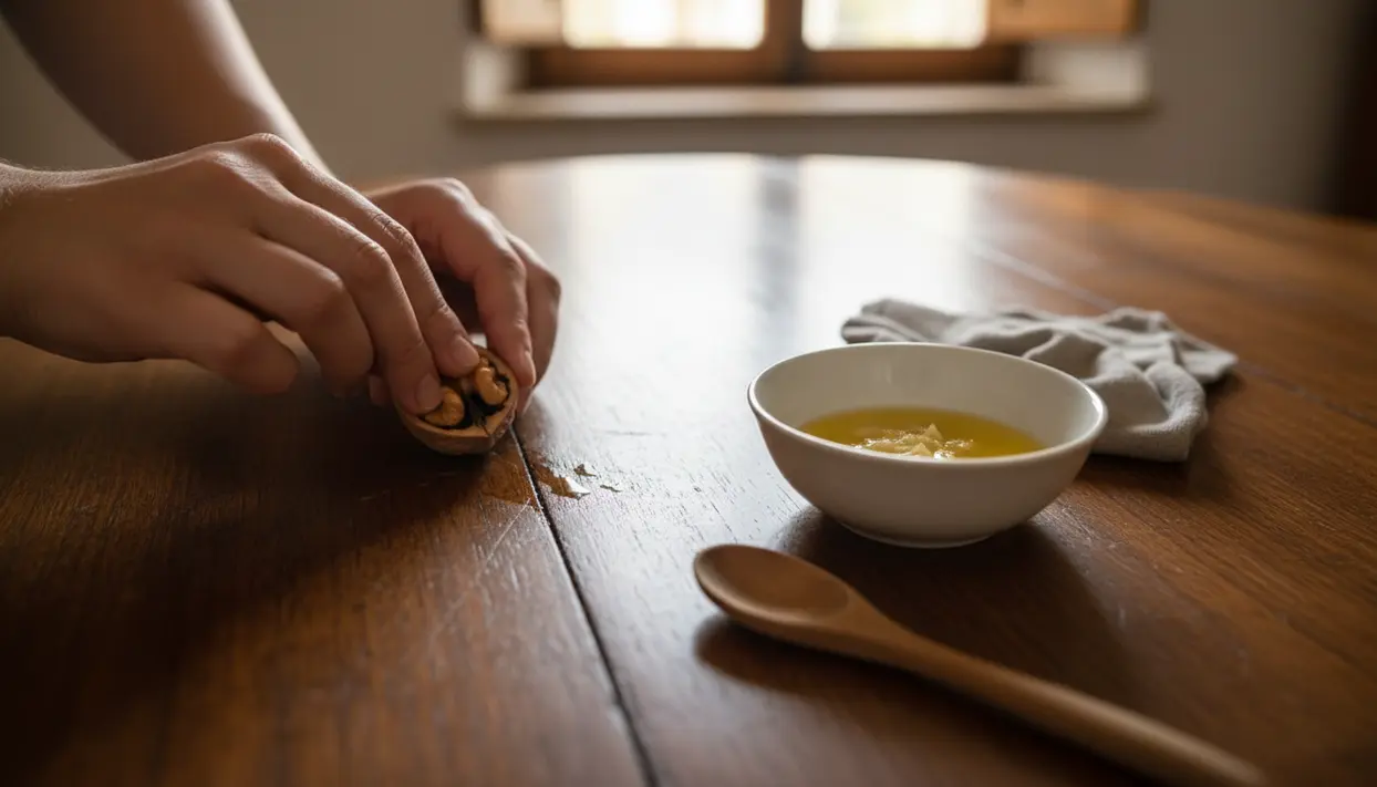 Mani che strofinano una noce su un graffio su un tavolo in legno