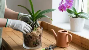 Persona con guanti che rinvasa un'orchidea in vaso di vetro vicino a una finestra