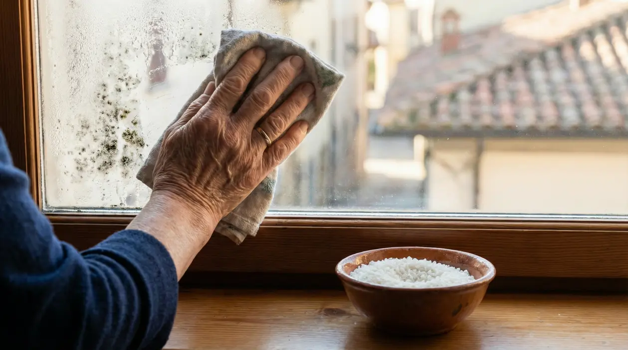 Mano anziana pulisce vetro con muffa e condensa accanto a una ciotola di riso