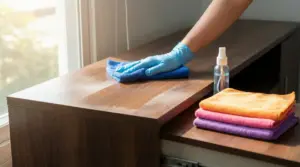 Mano con guanto pulisce un mobile in legno con panno in microfibra