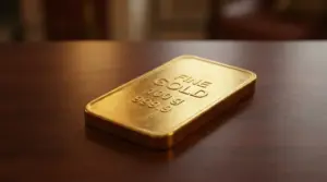 Lingotto d'oro da 100 grammi su un tavolo di legno