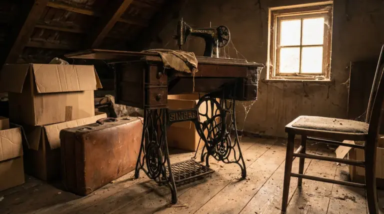 Macchina da cucire d'epoca Singer in una soffitta polverosa con scatole e valigia