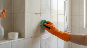 Mano con guanto arancione pulisce le piastrelle del bagno con spugna e crema sbiancante vicino alla doccia
