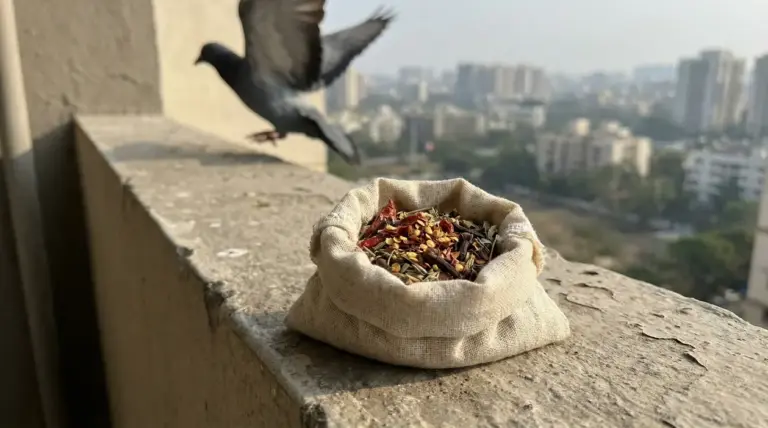Sacchetto di spezie sul davanzale del balcone mentre un piccione vola via sullo sfondo