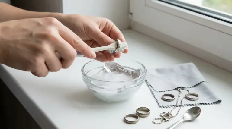 Persona pulisce un anello in argento con uno spazzolino sopra una ciotola, con altri gioielli sul tavolo