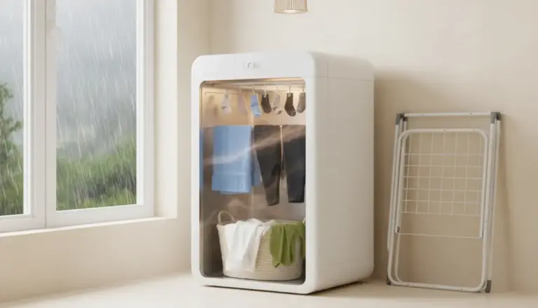 Asciugatrice compatta per vestiti con calze e asciugamani, vicino a finestra con pioggia e stendino pieghevole