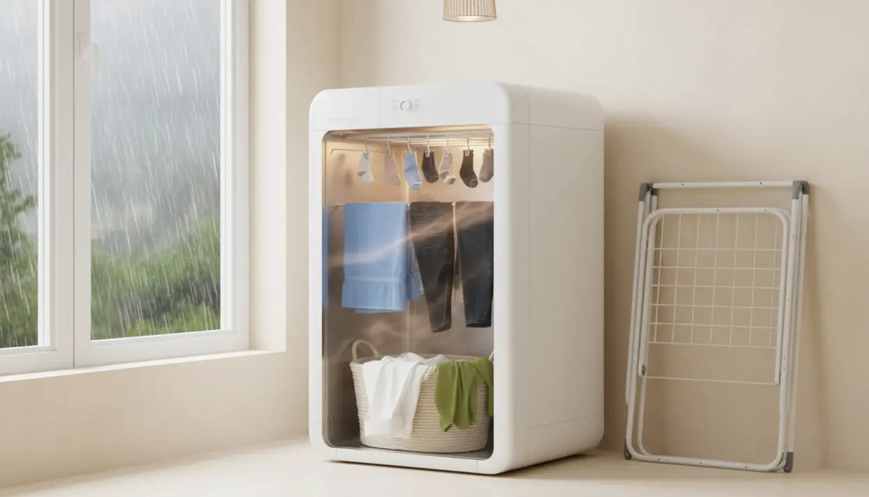 Asciugatrice compatta per vestiti con calze e asciugamani, vicino a finestra con pioggia e stendino pieghevole