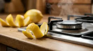 Buccia di limone arrotolata sul piano accanto ai fornelli a gas, con vapore sullo sfondo in cucina