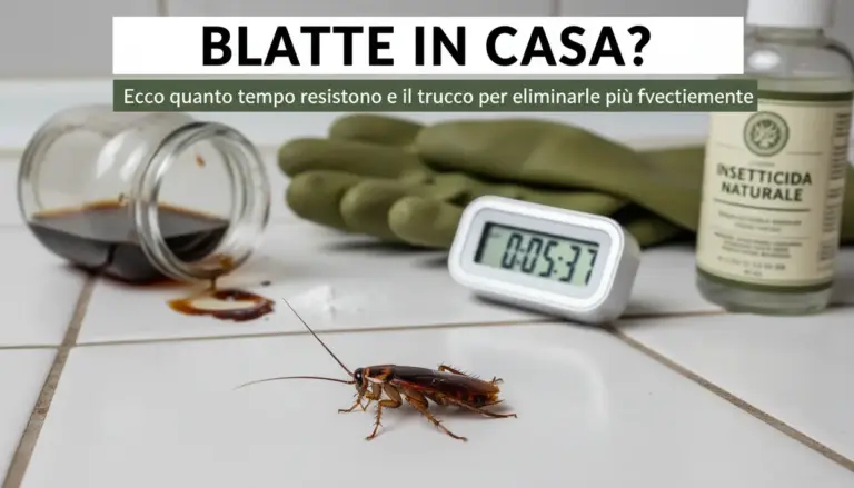 Blatta sul pavimento della cucina con barattolo rovesciato, guanti e insetticida naturale sullo sfondo